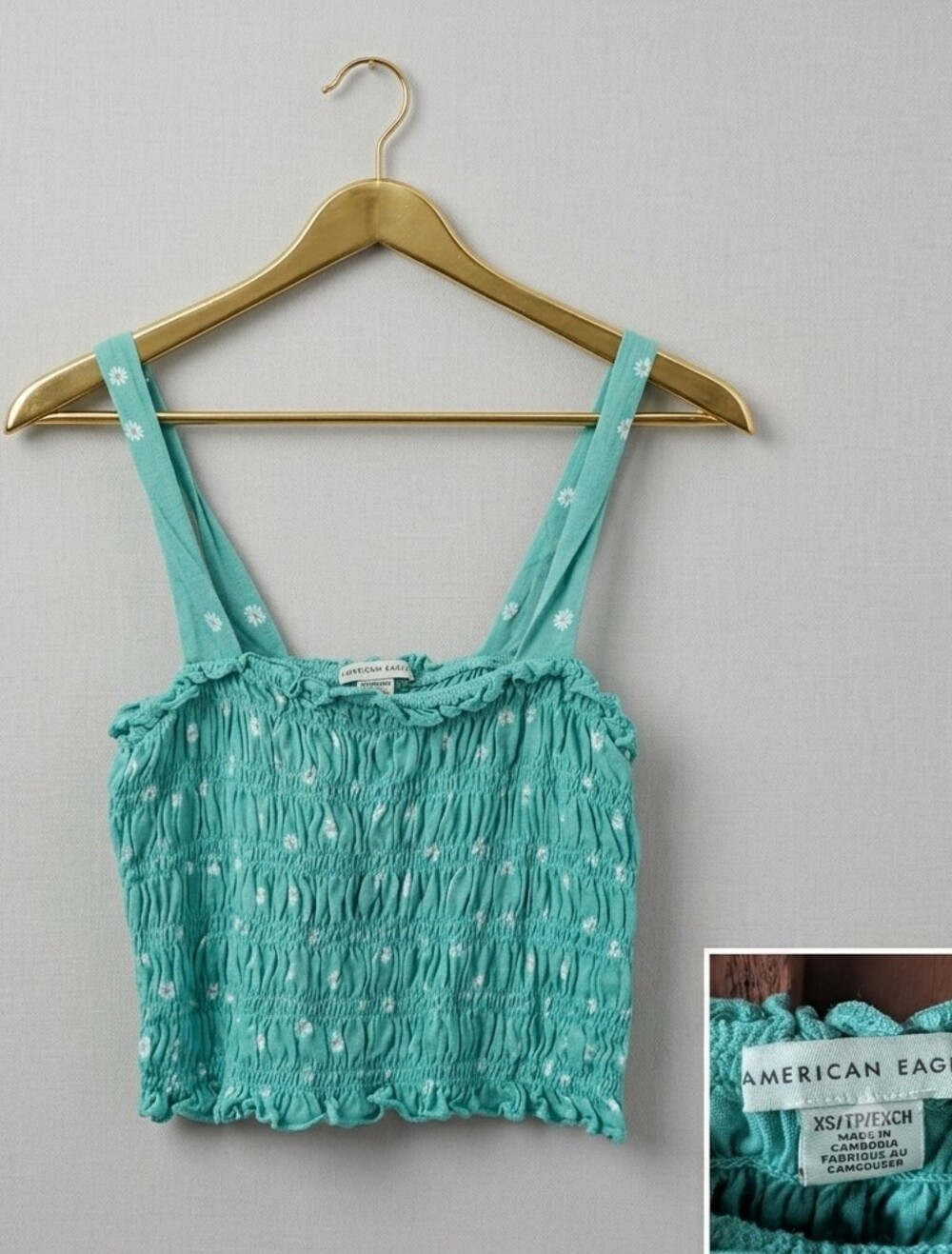 American Eagle Outfitters Aqua Smocked Cropped Tank with White Dot Accents